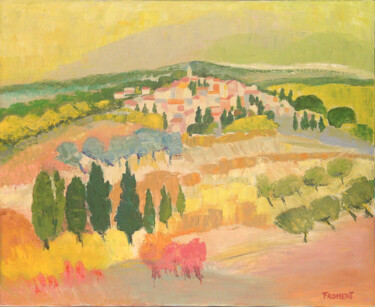 Painting titled "VILLAGE DE CHATEAUN…" by Michèle Froment, Original Artwork, Oil Mounted on Wood Stretcher frame