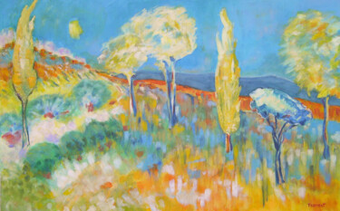 Painting titled "LUNE EN PROVENCE RE…" by Michèle Froment, Original Artwork, Oil Mounted on Wood Stretcher frame