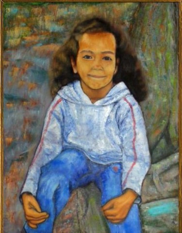 Peinture intitulée "Petite fille en jean" par Madi, Œuvre d'art originale, Huile