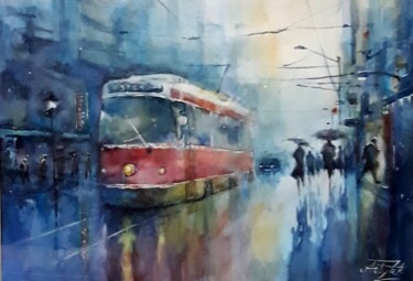 Painting titled "Rain, old tram, eve…" by Artak Zakaryan, Original Artwork, Watercolor