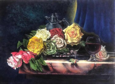 Pittura intitolato "Розы и бокал вина" da Alex Bond, Opera d'arte originale, Olio Montato su Telaio per barella in legno