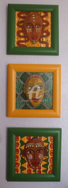 Painting titled "TRIPTYQUE MASQUES V…" by Artamelis, Original Artwork, Acrylic Mounted on Wood Stretcher frame
