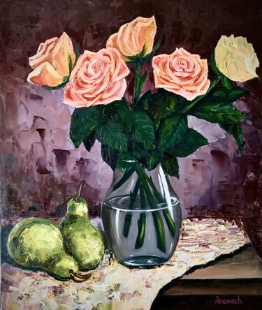 Painting titled "Roses et poires" by Anerosh, Original Artwork, Oil Mounted on Wood Panel