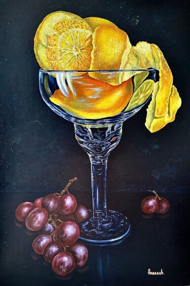 Painting titled "Raisins et citrons" by Anerosh, Original Artwork, Oil Mounted on Wood Panel