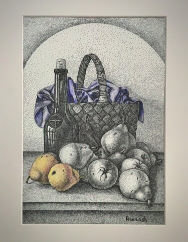 Drawing titled "Nature morte aux po…" by Anerosh, Original Artwork, Ink Mounted on Other rigid panel