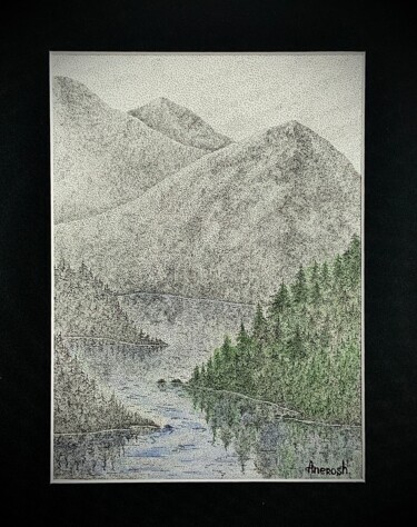 Drawing titled "Mountain Lake" by Anerosh, Original Artwork, Ink Mounted on Other rigid panel