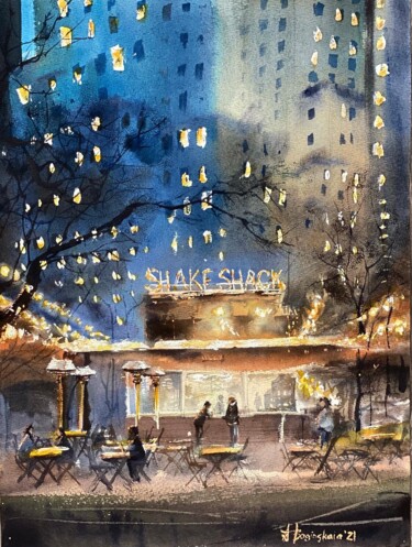 Painting titled "NYC cafe" by Anna Boginskaia, Original Artwork, Watercolor