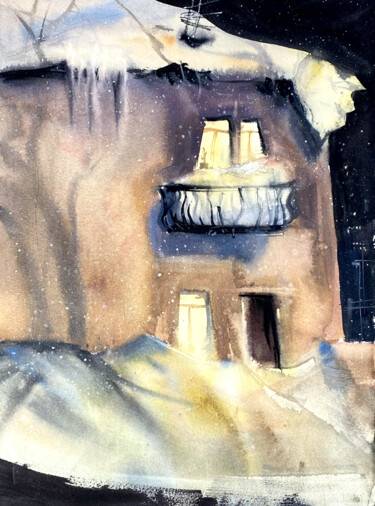 Painting titled "Balcony of snow" by Anna Boginskaia, Original Artwork, Watercolor