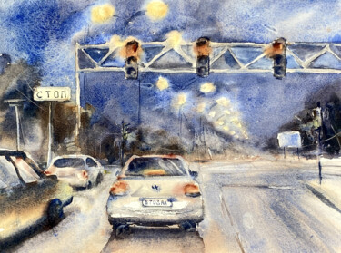 Painting titled "Citylights" by Anna Boginskaia, Original Artwork, Watercolor