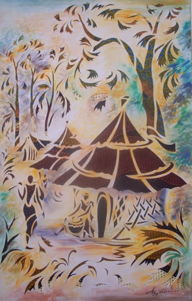 Pittura intitolato "Le petit village" da Augustin Tshimpe Wa Nzambi, Opera d'arte originale