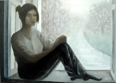 Pittura intitolato "donna alla finestra…" da Accarò, Opera d'arte originale, Olio