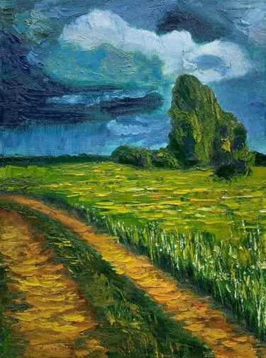 Malerei mit dem Titel "''Rainy Sunny Field…" von Elena Tuncer, Original-Kunstwerk, Öl