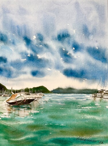 Malarstwo zatytułowany „"In the Bay"Yachts…” autorstwa Elena Tuncer, Oryginalna praca, Akwarela