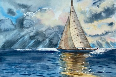 Painting titled ""Warm Breeze"Sailin…" by Elena Tuncer, Original Artwork, Watercolor