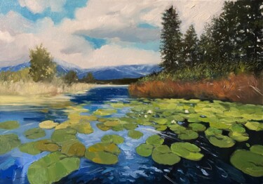 Painting titled ""Lily Pads and Peak…" by Artem Grunyka, Original Artwork, Oil Mounted on Wood Stretcher frame