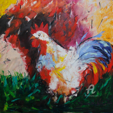 Schilderij getiteld "rooster" door Semini Kwsta, Origineel Kunstwerk, Olie