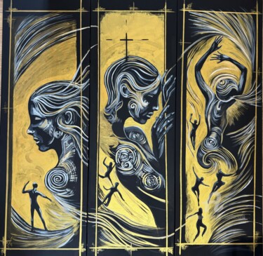 Schilderij getiteld "Triptych - Enchante…" door Daciana, Origineel Kunstwerk, Acryl Gemonteerd op Frame voor houten brancard