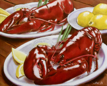 Pintura intitulada ""Lobsters, Lemons a…" por Arthuris, Obras de arte originais, Óleo