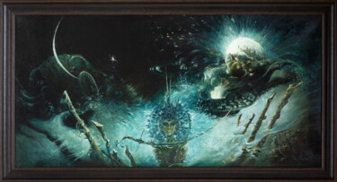 Painting titled "Genesis. River" by Yuri Laptev, Original Artwork, Oil Mounted on Wood Stretcher frame