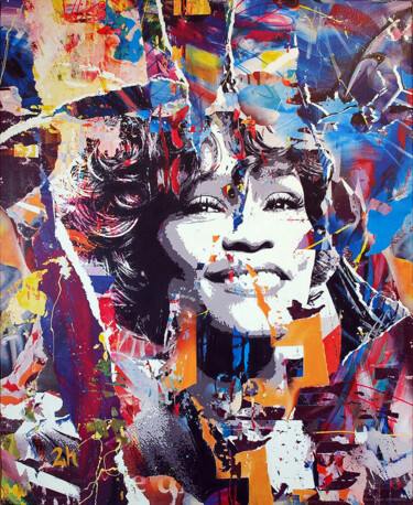 Digital Arts titled "Whitney Houston" by 2kyff, Original Artwork, Digital Collage Mounted on Wood Stretcher frame