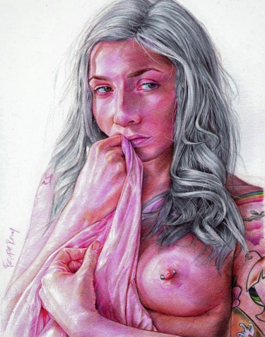 Disegno intitolato "Garota tatuada" da Felipe Pereira, Opera d'arte originale, Biro