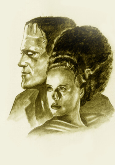 Dibujo titulada "Frankenstein's Bride" por E Simon, Obra de arte original, Carbón