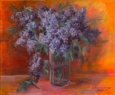 Painting titled "Fiery lilac." by Artkaminskaya, Original Artwork, Oil Mounted on Wood Stretcher frame