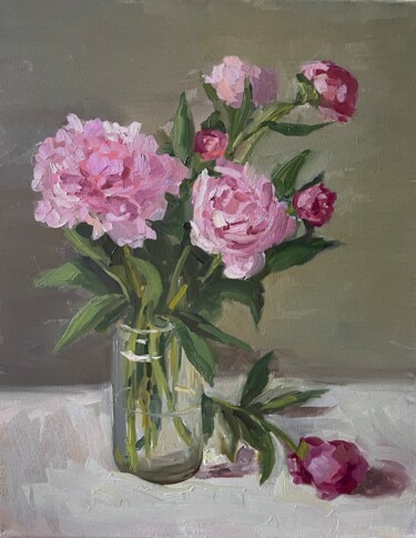 Painting titled "Pink peonies" by Artkaso, Original Artwork, Oil