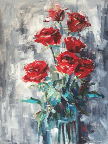 绘画 标题为“Roses rouges” 由Olesya Lopatina, 原创艺术品, 油 安装在纸板上