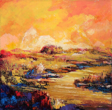 「Sunset」というタイトルの絵画 Arto Mkrtchyanによって, オリジナルのアートワーク, オイル ウッドストレッチャーフレームにマウント