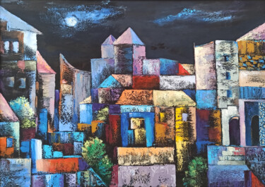 Pittura intitolato "Night cityscape" da Arto Mkrtchyan, Opera d'arte originale, Olio Montato su Telaio per barella in legno