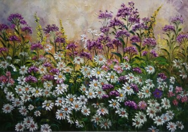 Painting titled "Chamomile morning" by Tatyana Korotkova, Original Artwork, Oil Mounted on Wood Stretcher frame