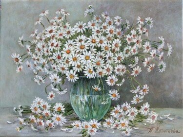 Painting titled "daisy mood" by Tatyana Korotkova, Original Artwork, Oil Mounted on Wood Stretcher frame