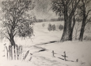 Drawing titled "December snowscape" by Roman Sergienko, Original Artwork, Charcoal