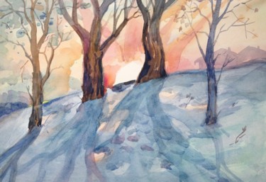 Malerei mit dem Titel "Winter Sun" von Roman Sergienko, Original-Kunstwerk, Aquarell