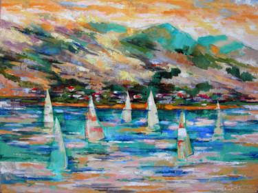 Schilderij getiteld "The Regatta" door Ruslan Pushkash, Origineel Kunstwerk, Olie Gemonteerd op Frame voor houten brancard