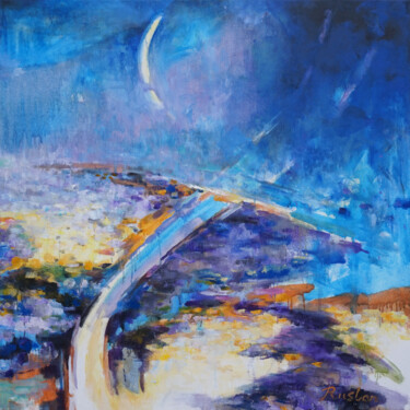 Painting titled "Spring New Moon" by Ruslan Pushkash, Original Artwork, Oil Mounted on Wood Stretcher frame
