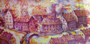 Schilderij getiteld "Old city" door Ruslan Pushkash, Origineel Kunstwerk, Olie Gemonteerd op Frame voor houten brancard