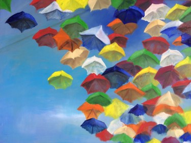 Schilderij getiteld "Ubrella street" door Winnie Vandeweghe, Origineel Kunstwerk, Olie