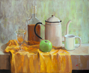 Painting titled "Green Apple" by Artsmileball, Original Artwork, Oil