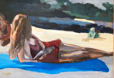 Schilderij getiteld "lecture à la plage" door Sylvie Loisy, Origineel Kunstwerk, Acryl Gemonteerd op Frame voor houten branc…