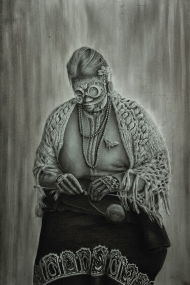 Drawing titled ""Steampunk Lady"" by Artur Hausmann, Original Artwork, Charcoal Mounted on Plexiglass