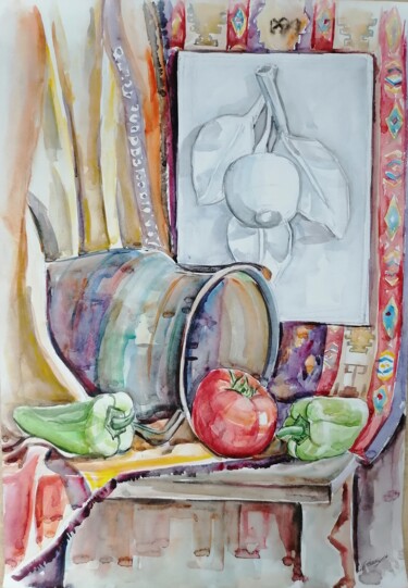 Pintura intitulada "Gypsum fruit in an…" por Artur Minasyan, Obras de arte originais, Aquarela