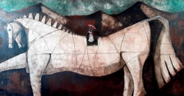 Painting titled "DOS CABALLOS PARA E…" by Arturo Morin, Original Artwork, Acrylic Mounted on Wood Panel