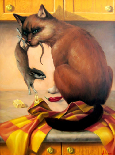 Pittura intitolato "The cat 60x80cm, oi…" da Artush, Opera d'arte originale, Olio