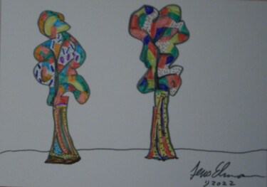Zeichnungen mit dem Titel "Zwei Bäume - 2022" von Jens Ehmann, Original-Kunstwerk, Marker