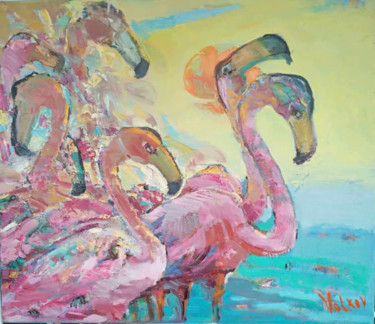 Painting titled "Flamingo dance" by Viktor Volkov, Original Artwork, Oil