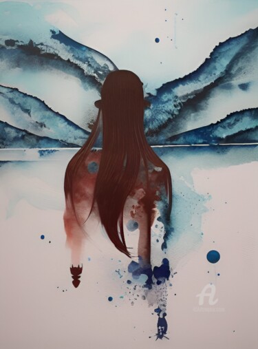 Digital Arts titled "Watercolor blue mon…" by Artynkom, Original Artwork, Digital Print