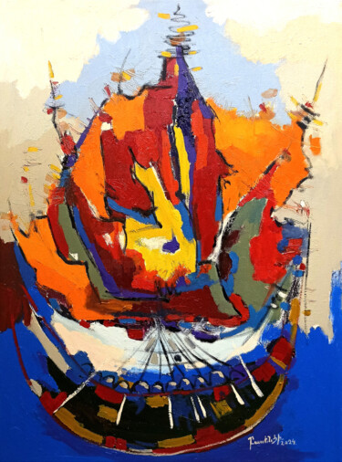 Ζωγραφική με τίτλο "Fiery Sunrise" από Artyom Basenci, Αυθεντικά έργα τέχνης, Λάδι Τοποθετήθηκε στο Ξύλινο φορείο σκελετό