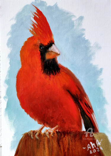 Pintura intitulada "Red Cardinal" por Elena Gridneva, Obras de arte originais, Óleo